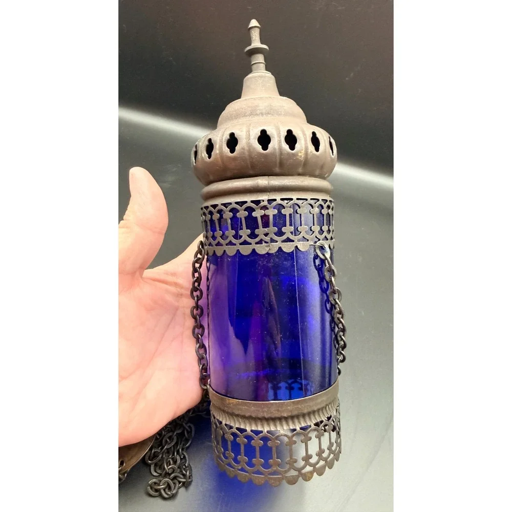 Hanging Metal Orthodox Sanctuary Vigil Lamp Candle Holder Cobalt Blue Ornate
